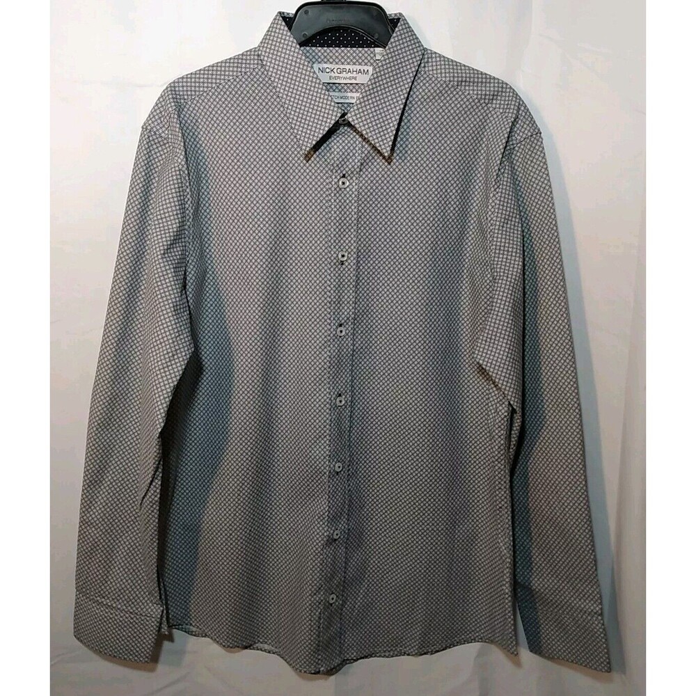 Nick Graham Everywhere Men Black White Blue Stretch‎ Modern Fit Shirt Size Large